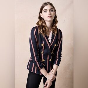 Smythe Double Breasted Striped Blazer Gold Accented Buttons Quarter Sleeve Sz 8